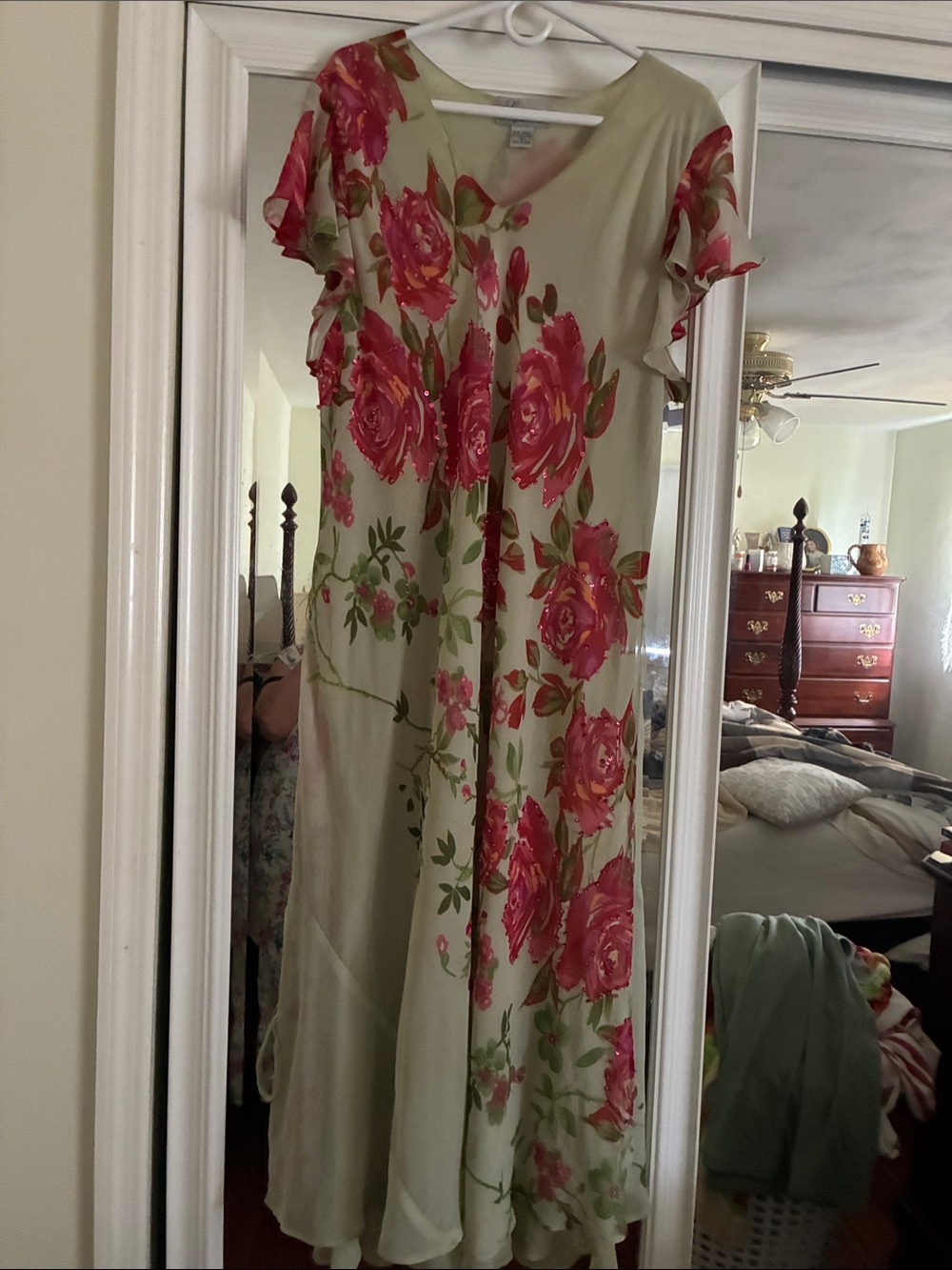 Floral V-Neck Maxi Dress in Sage with Pink Roses. Size 1x.